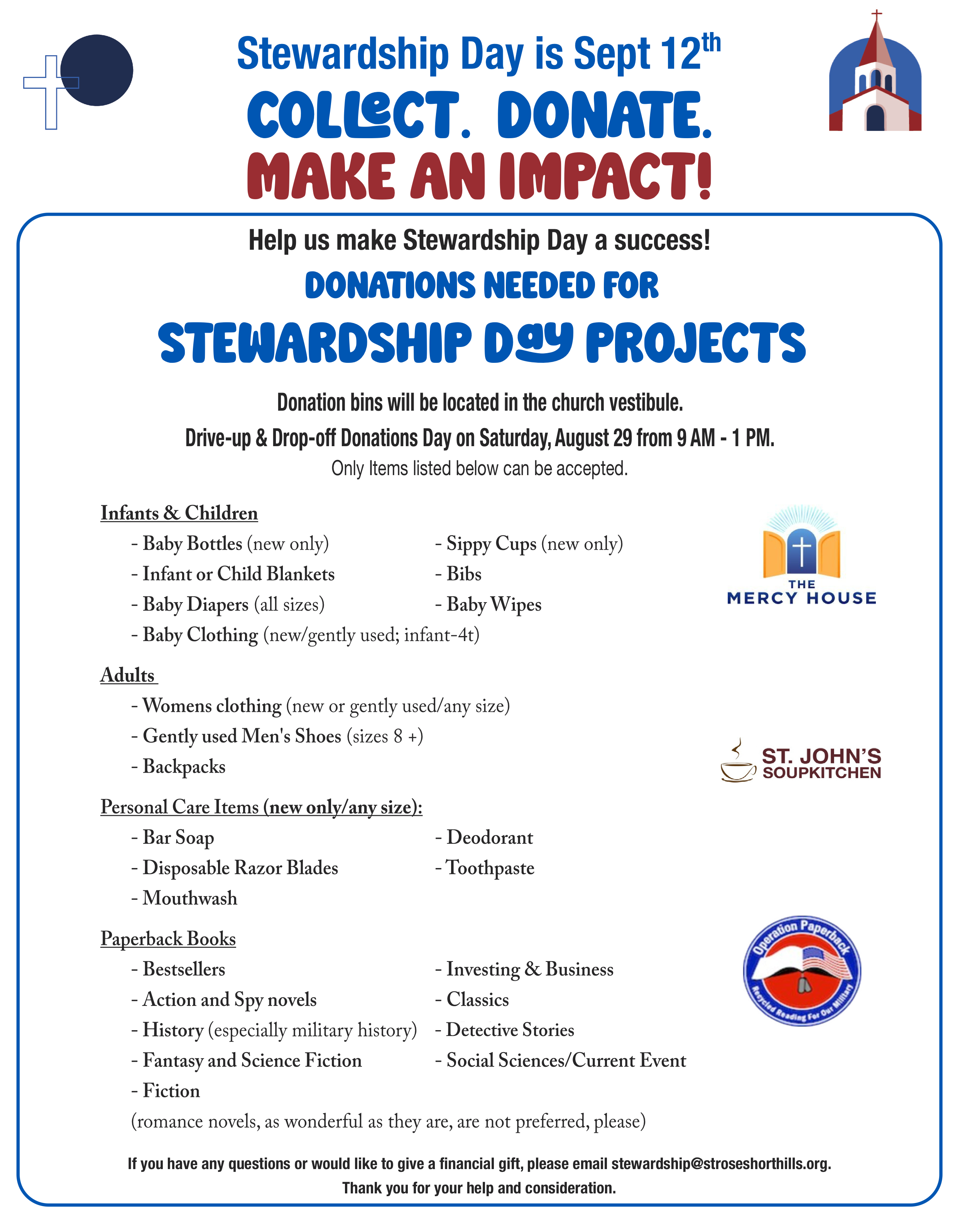 July 27 Donation Dates Flyer for Stewardship Day