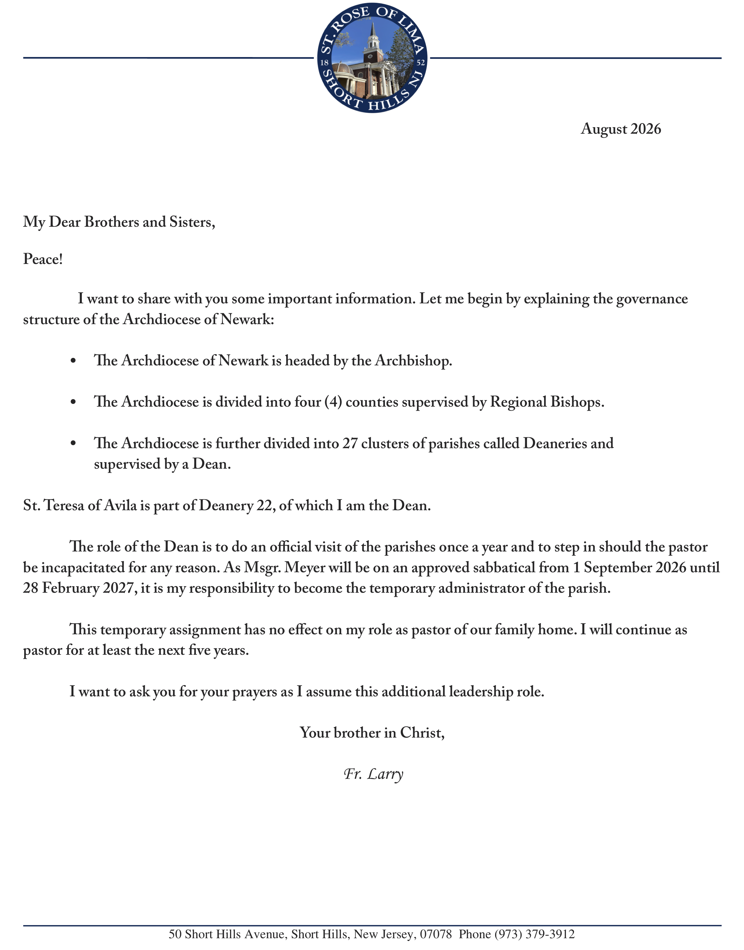 St. Rose of Lima   Letter From the Pastor 0826