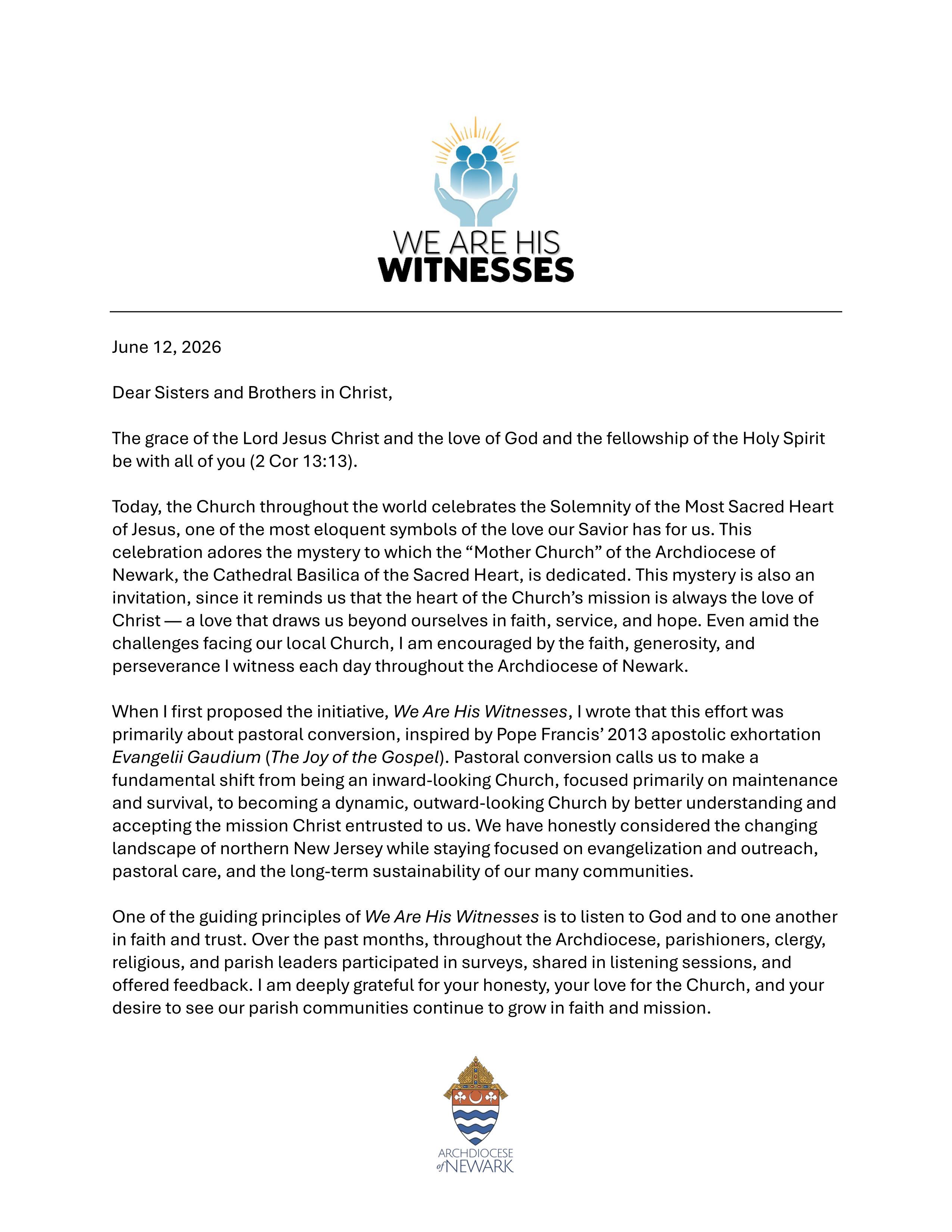We Are His Witnesses June 2026 Letter From Cardinal